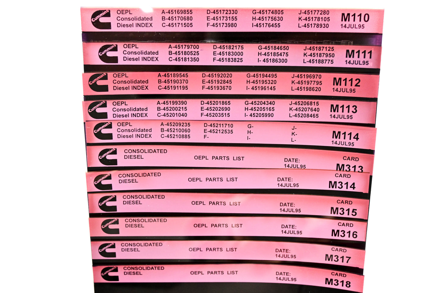 Cummins M110, M318, M313 1995 Consolidated Diesel OEPL Part List & ESN Index Lot Of 11 Microfiche NOS