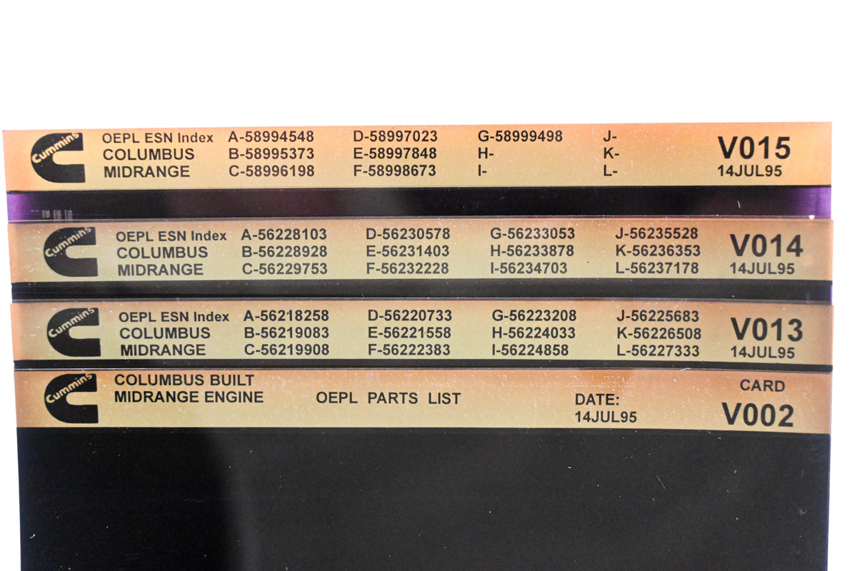 Cummins V002, V013, V015 1995 Columbus Midrange OEPL Parts List & ESN Index Lot Of 4 Microfiche NOS