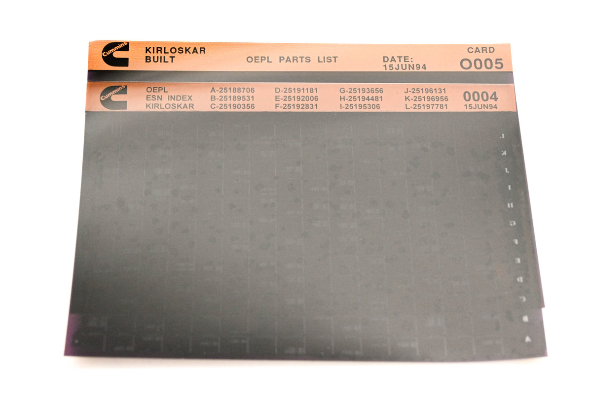 Cummins O005, 0004 1994 Kirloskar OEPL Parts List & ESN Index Lot of 2 Microfiche NOS