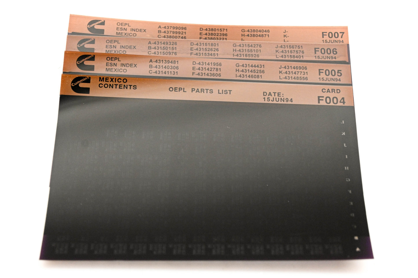 Cummins F004, F006, F007 1994 Mexico OEPL Parts List & ESN index Lot Of 4 Microfiche NOS