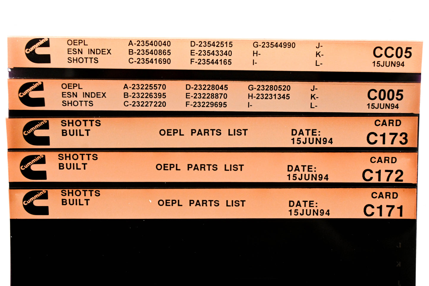 Cummins CC05, C005, C173 1994 Shotts OEPL Parts List & ESN Index Lot Of 5 Microfiche NOS