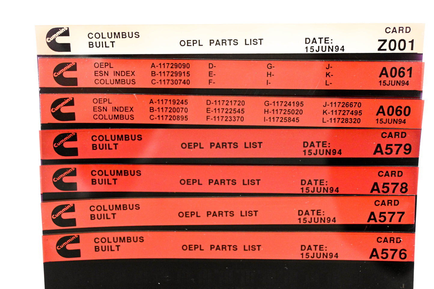 Cummins A060, Z001, A579 1994 Columbus OEPL Parts List & ESN Index Lot Of 7 Microfiche NOS