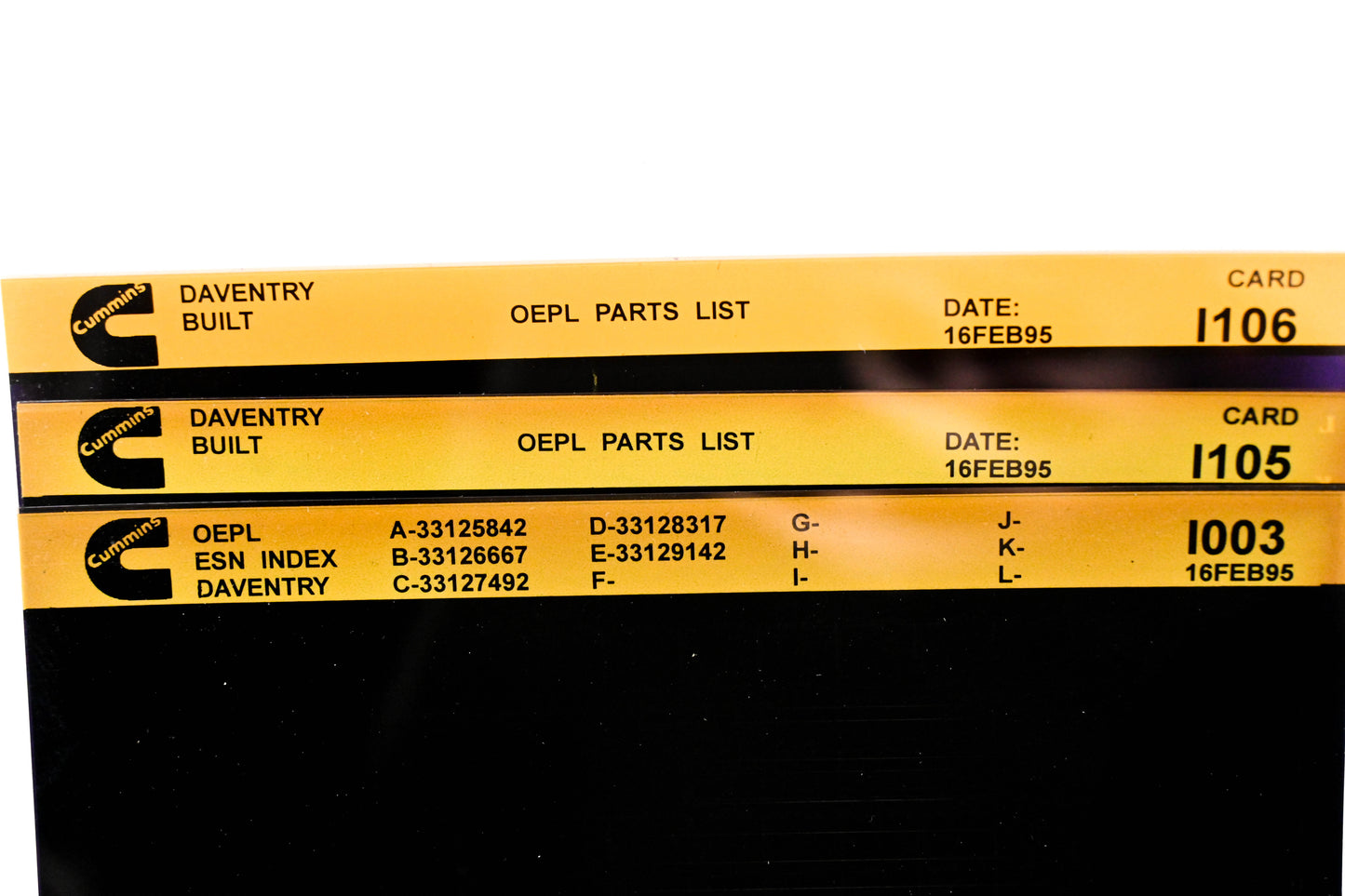Cummins I003, I105, I106 1995 Daventry OEPL Parts List & ESN Index Lot Of 3 Microfiche NOS