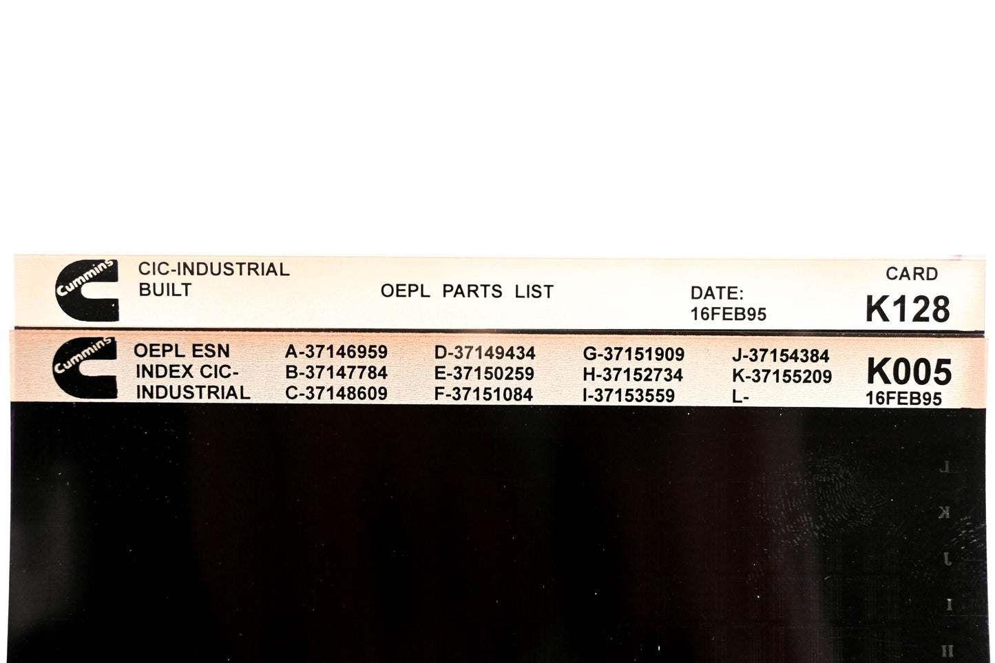 Cummins K005, K128 1995 CIC Industrial OEPL Parts List & ESN Index Lot of 2 Microfiche NOS