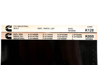 Cummins K005, K128 1995 CIC Industrial OEPL Parts List & ESN Index Lot of 2 Microfiche NOS