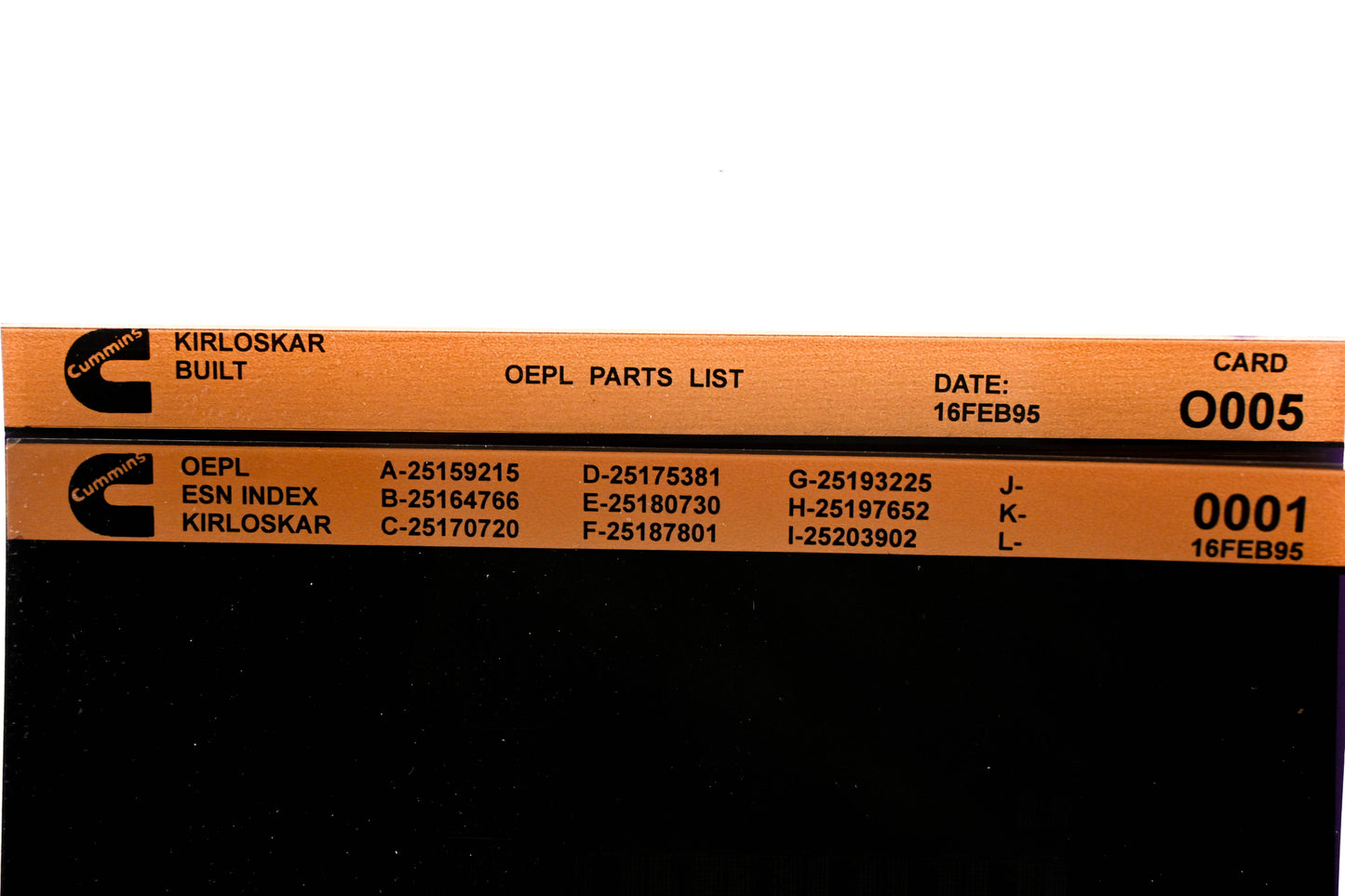 Cummins O005, 0001 1995 Kirloskar OEPL Parts List & ESN Index Lot of 2 Microfiche NOS