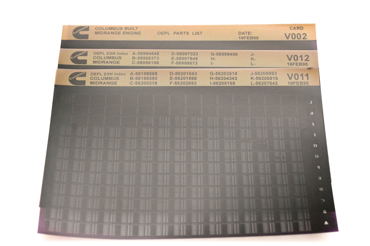 Cummins V002, V011, V012 1995 Columbus Midrange OEPL Parts List & ESN Index Lot Of 3 Microfiche NOS