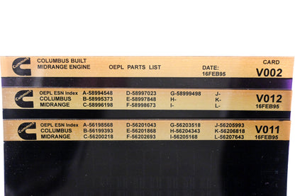 Cummins V002, V011, V012 1995 Columbus Midrange OEPL Parts List & ESN Index Lot Of 3 Microfiche NOS
