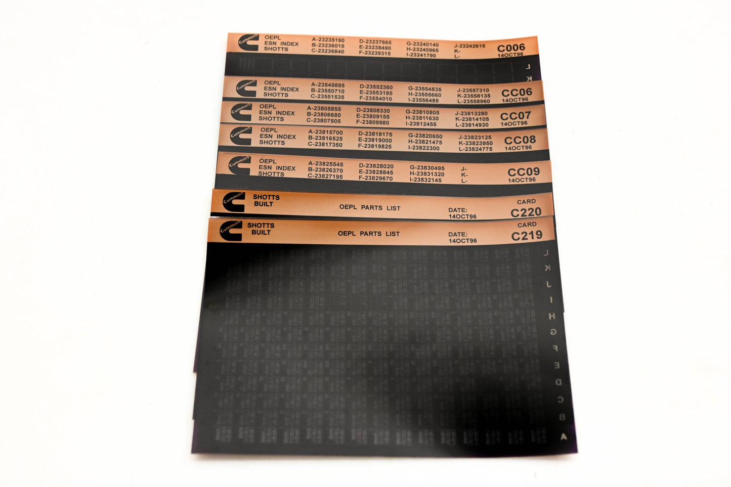 Cummins C006, CC06, C220 1996 Shotts OEPL Parts List & ESN index Lot Of 7 Microfiche NOS