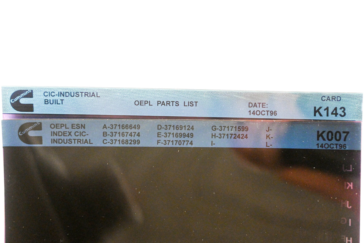 Cummins K007, K143 1996 CIC Industrial OEPL Parts List & ESN Index Lot of 2 Microfiche NOS