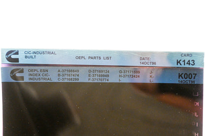 Cummins K007, K143 1996 CIC Industrial OEPL Parts List & ESN Index Lot of 2 Microfiche NOS