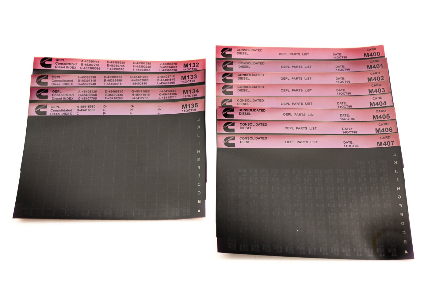 Cummins M132, M400, M407 1996 Consolidated Diesel OEPL Parts List & ESN Index Lot Of 12 Microfiche NOS