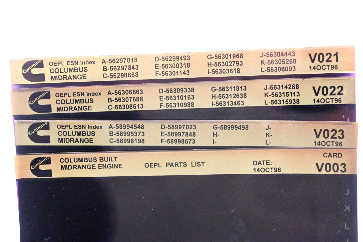 Cummins V003, V021, V023 1996 Columbus Midrange OEPL Parts List & ESN Index Lot Of 4 Microfiche NOS