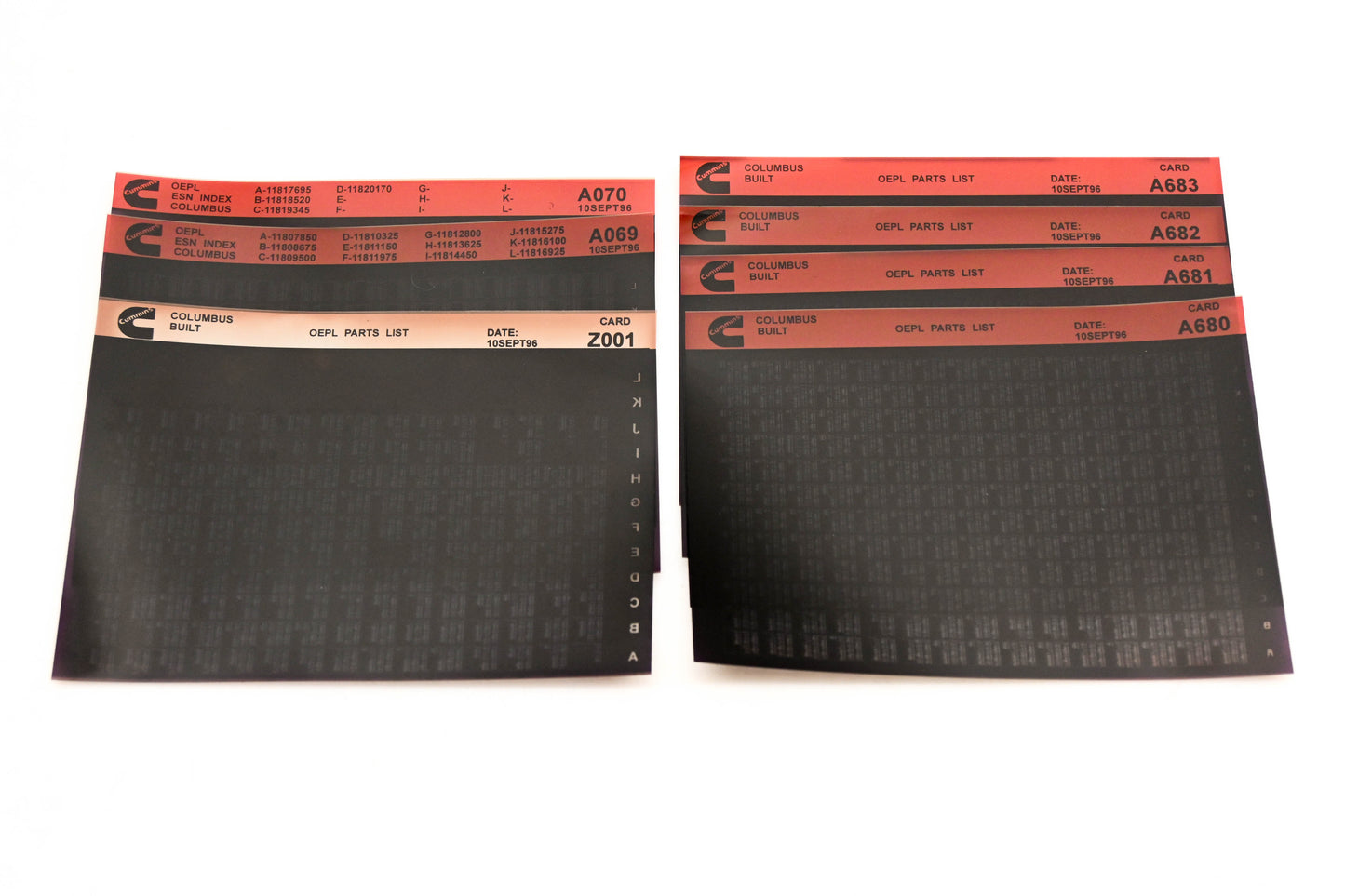 Cummins A069, A680, Z001 1996 Columbus OEPL Parts List & ESN Index Lot Of 7 Microfiche NOS