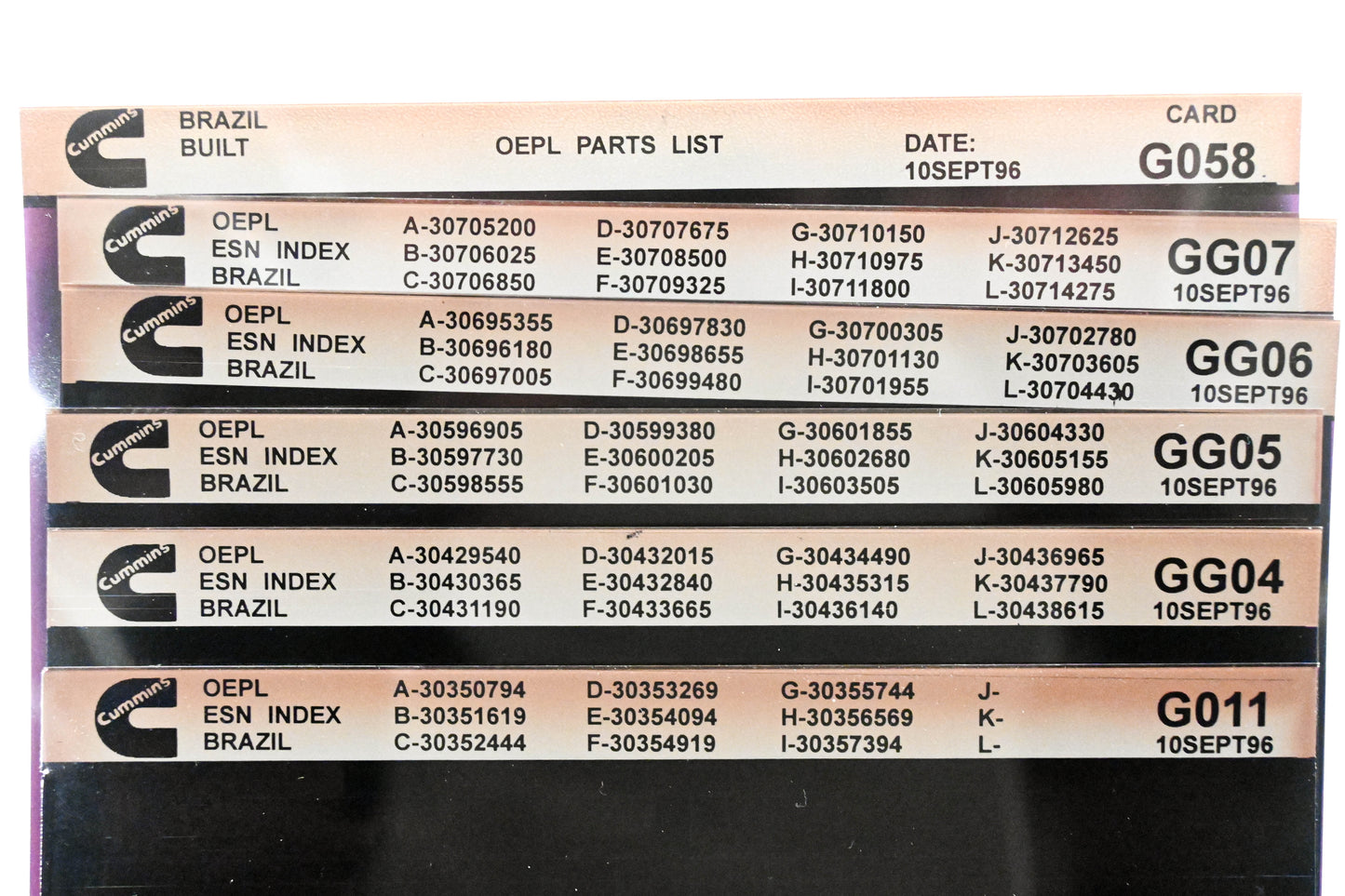 Cummins G011, GG04, G058 1996 Brazil OEPL Parts List & ESN Index Lot Of 6 Microfiche NOS