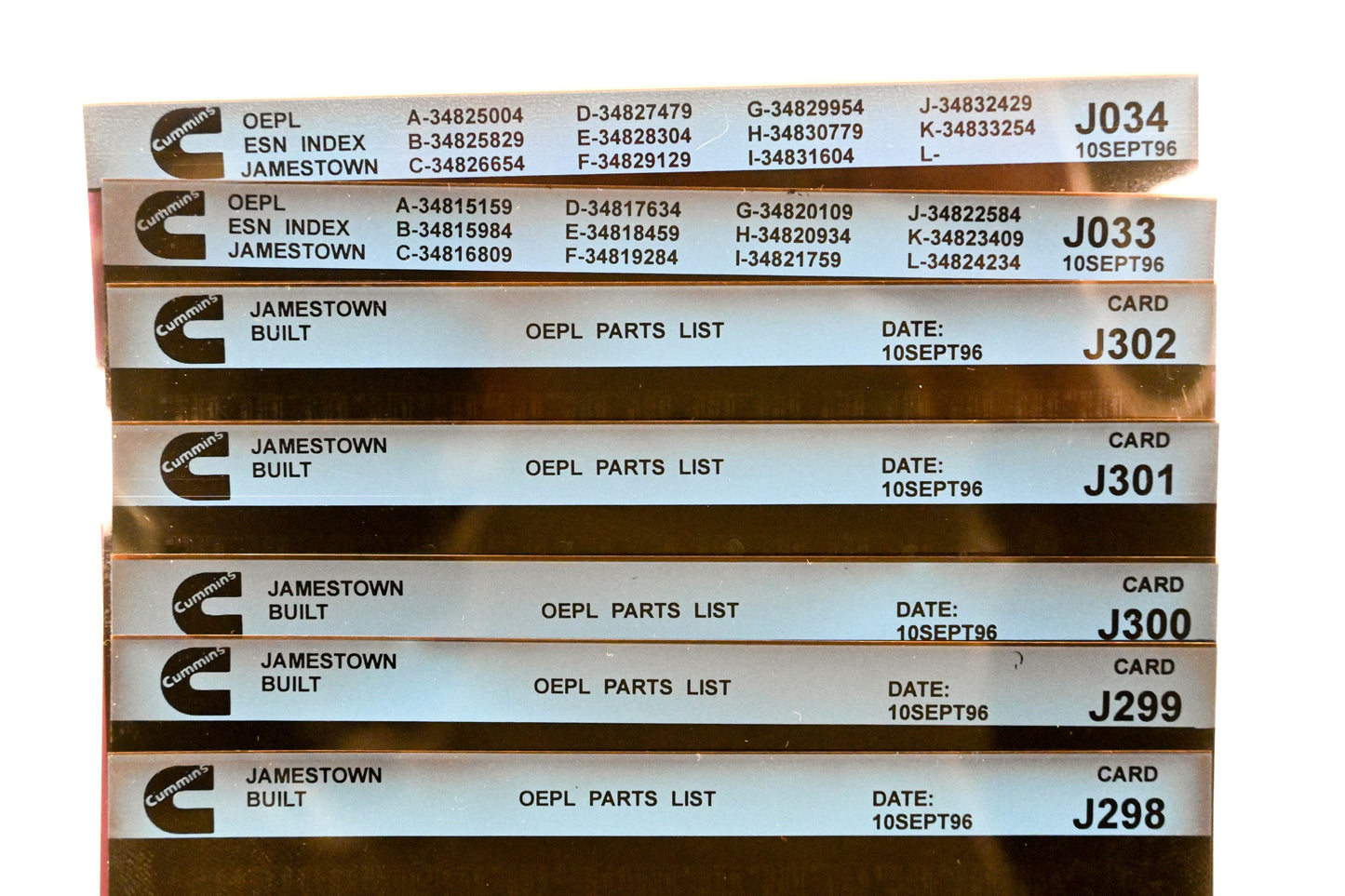 Cummins J033, J298, J302 1996 Jamestown OEPL Parts List & ESN Index Lot Of 7 Microfiche NOS
