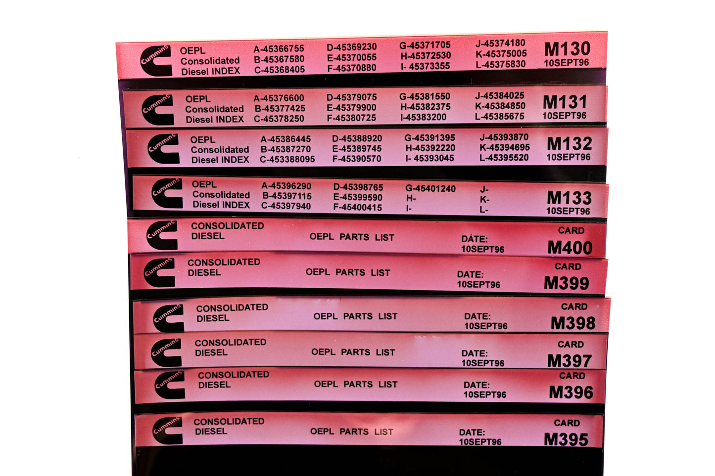 Cummins M130, M395, M400 1996 Consolidated Diesel OEPL Parts List & ESN Index Lot Of 10 Microfiche NOS