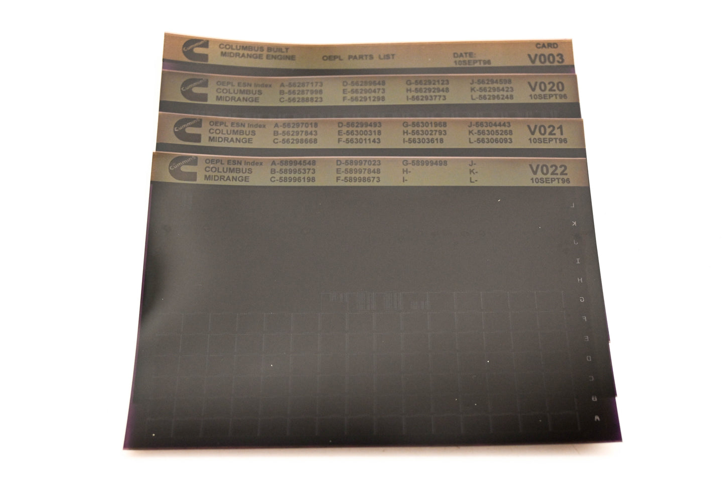 Cummins V003, V020, V022 1996 Columbus Midrange OEPL Parts List & ESN Index Lot Of 4 Microfiche NOS