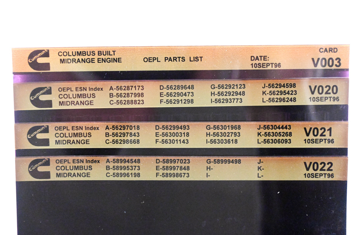 Cummins V003, V020, V022 1996 Columbus Midrange OEPL Parts List & ESN Index Lot Of 4 Microfiche NOS