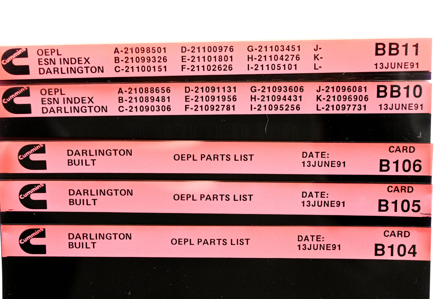 Cummins BB10, B104, B106 1991 Darlington OEPL Parts List & ESN Index Lot Of 5 Microfiche NOS