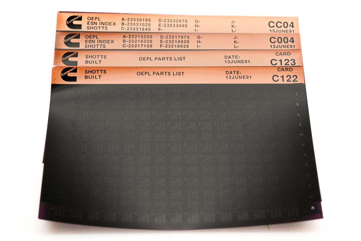 Cummins C004, CC04, C123 1991 Shotts OEPL Parts List & ESN Index Lot Of 4 Microfiche NOS