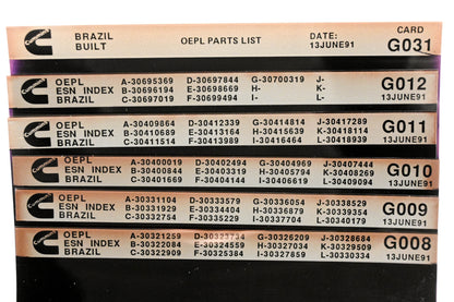 Cummins G008, G012, G031 1991 Brazil OEPL Parts List & ESN Index Lot Of 6 Microfiche NOS