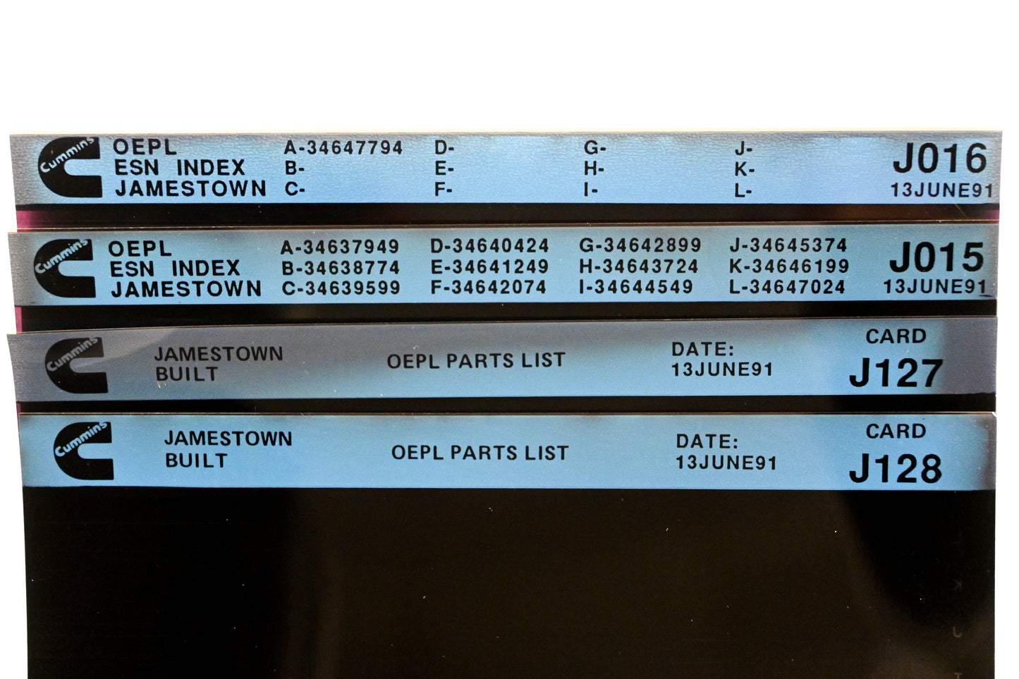 Cummins J015, J127, J128 1991 Jamestown OEPL Parts List & ESN Index Lot Of 4 Microfiche NOS