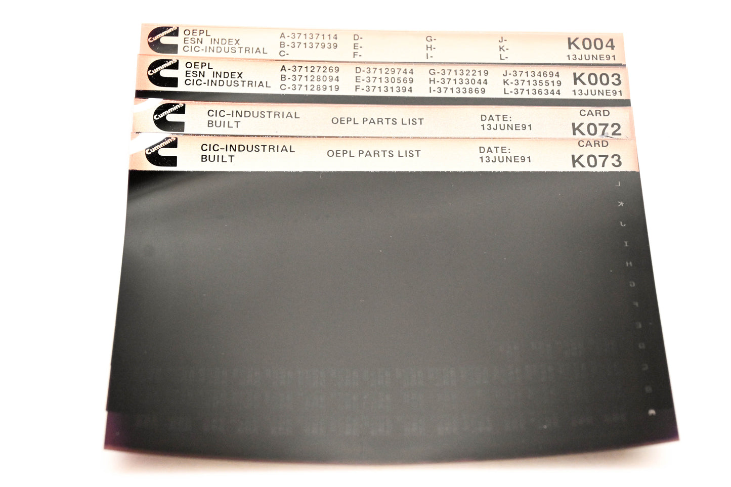 Cummins K003, K072, K073 1991 CIC Industrial OEPL Parts List & ESN Index Lot Of 4 Microfiche NOS