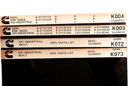 Cummins K003, K072, K073 1991 CIC Industrial OEPL Parts List & ESN Index Lot Of 4 Microfiche NOS