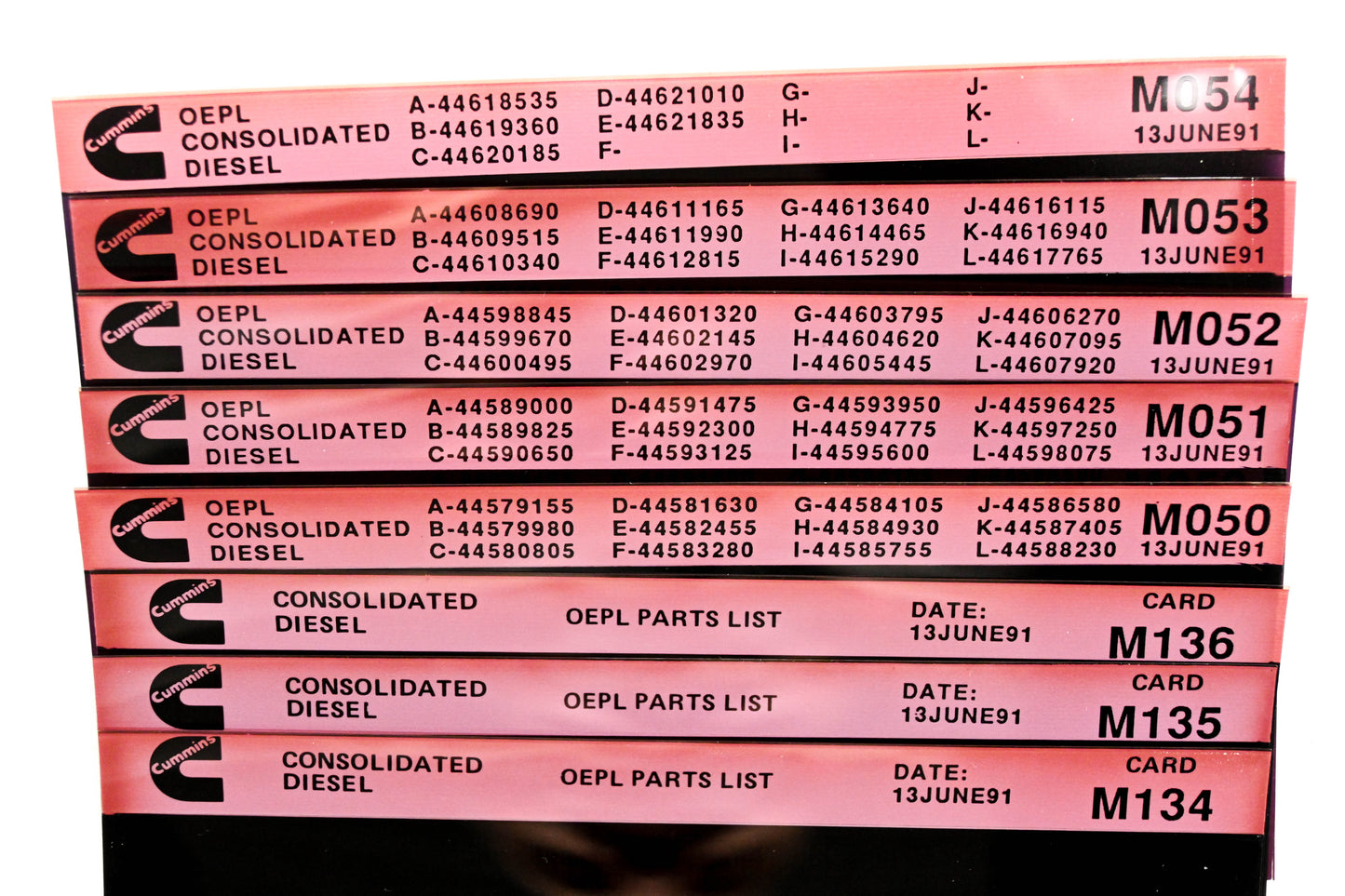 Cummins M050, M134, M136 1991 Consolidated Diesel OEPL Parts List & ESN Index Lot Of 8 Microfiche NOS