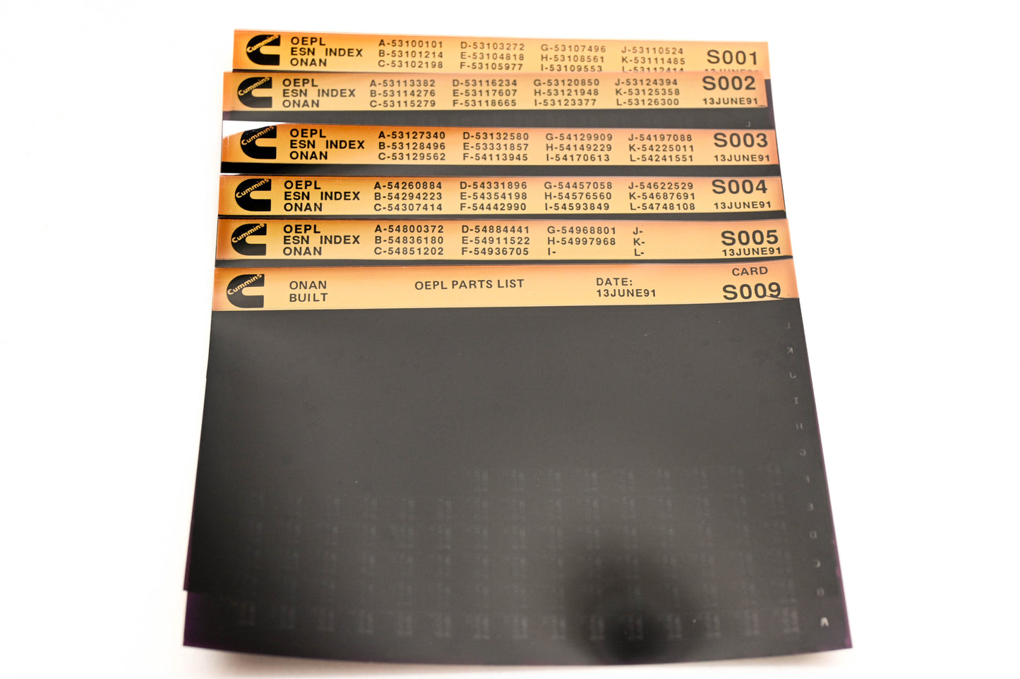 Cummins S001, S004, S009 1991 Onan OEPL Parts List & ESN Index Lot Of 9 Microfiche NOS