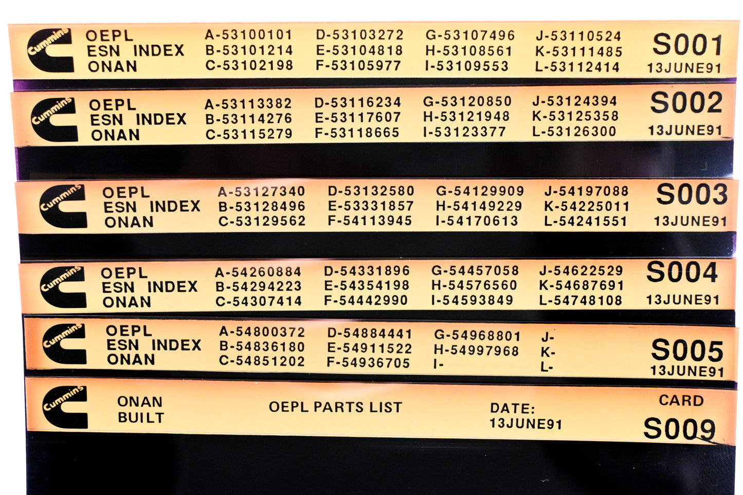 Cummins S001, S004, S009 1991 Onan OEPL Parts List & ESN Index Lot Of 9 Microfiche NOS