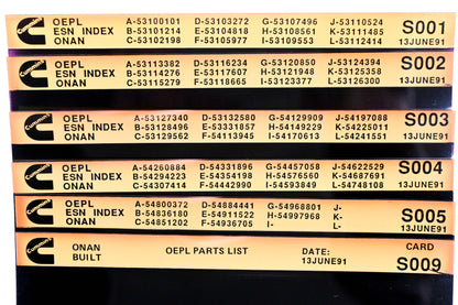 Cummins S001, S004, S009 1991 Onan OEPL Parts List & ESN Index Lot Of 9 Microfiche NOS