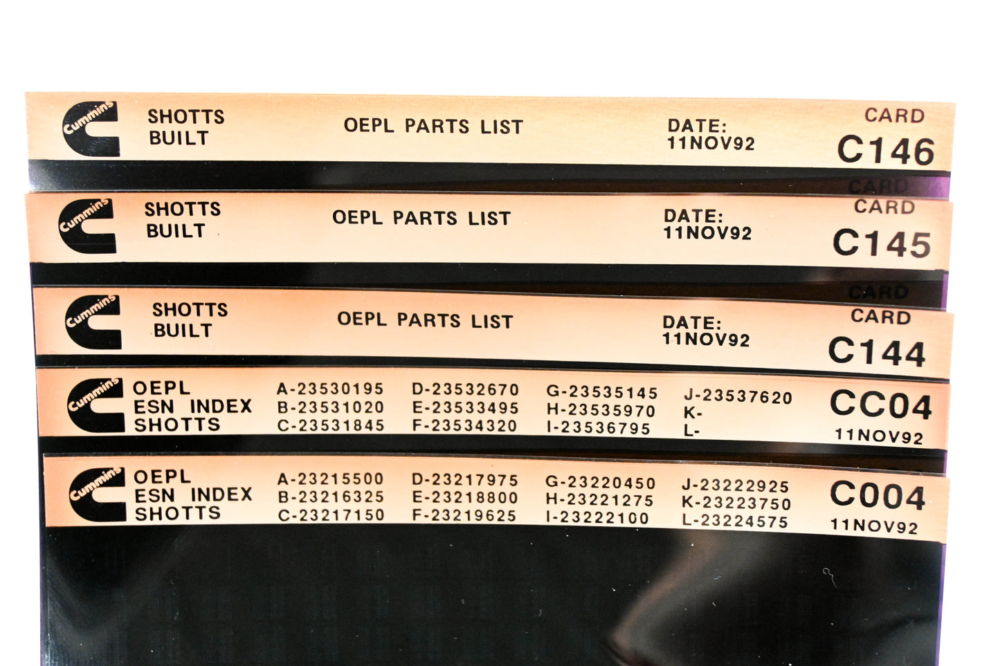 Cummins C004, CC04, C146 1992 Shotts OEPL Parts List & ESN Index Lot Of 5 Microfiche NOS