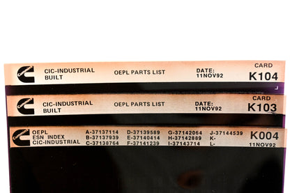 Cummins K004, K103, K104 1992 CIC Industrial OEPL Parts List & ESN Index Lot Of 3 Microfiche NOS