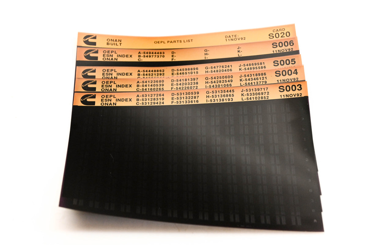 Cummins S003, S006, S020 1992 Onan OEPL Parts List & ESN Index Lot Of 5 Microfiche NOS