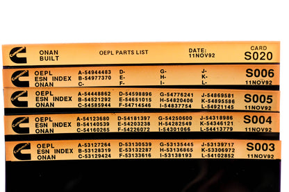 Cummins S003, S006, S020 1992 Onan OEPL Parts List & ESN Index Lot Of 5 Microfiche NOS
