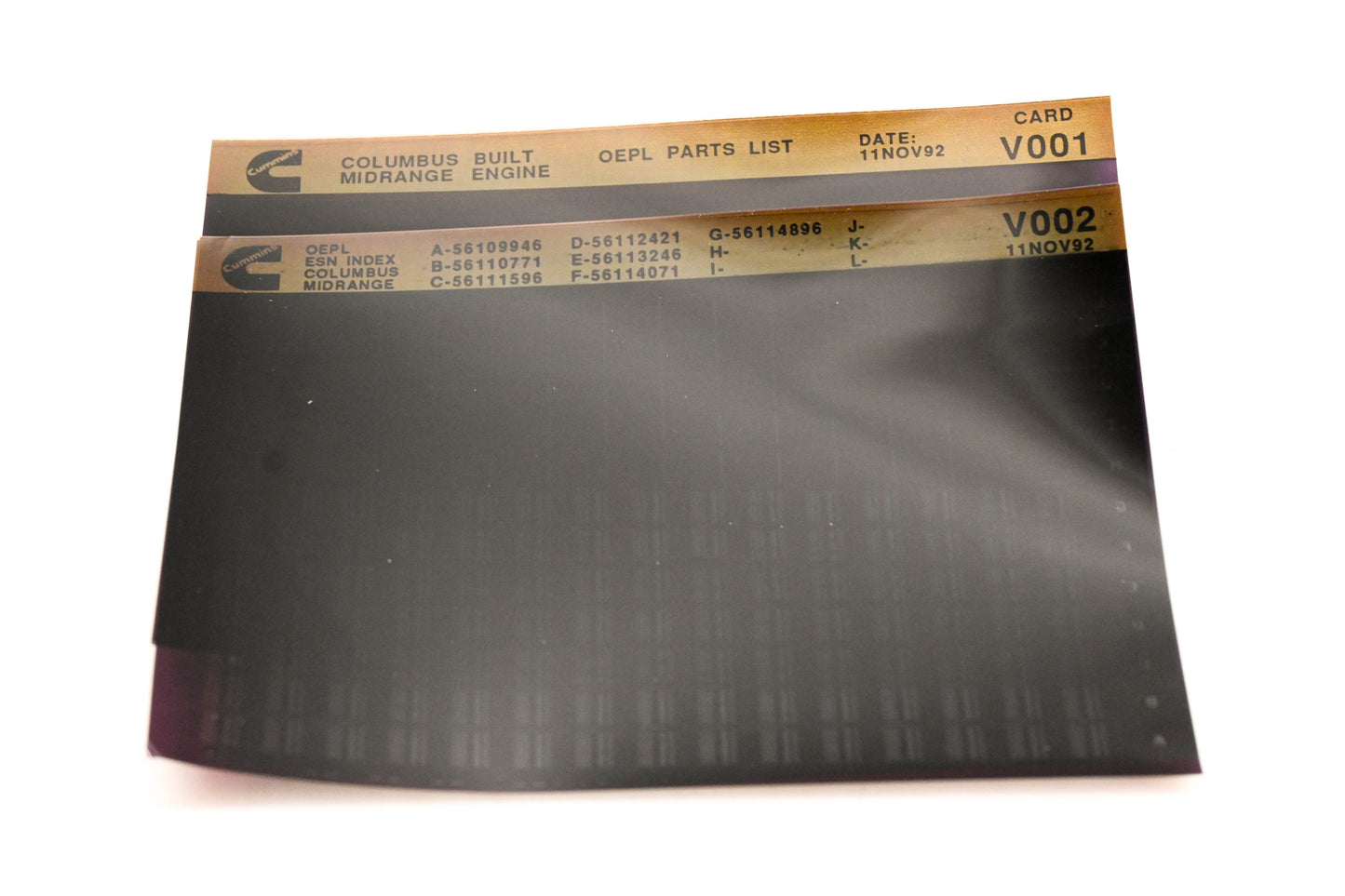 Cummins V001, V002 1992 Columbus Midrange OEPL Parts List & ESN Index Microfiche NOS