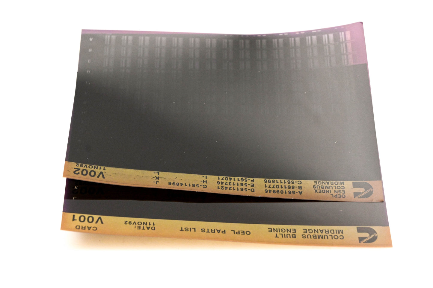 Cummins V001, V002 1992 Columbus Midrange OEPL Parts List & ESN Index Microfiche NOS