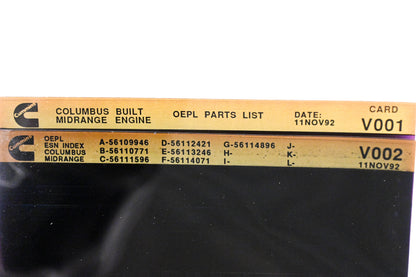 Cummins V001, V002 1992 Columbus Midrange OEPL Parts List & ESN Index Microfiche NOS