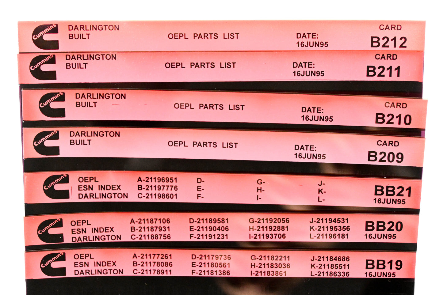 Cummins BB19, B209, B212 1995 Darlington OEPL Parts List & ESN Index Lot Of 7 Microfiche NOS