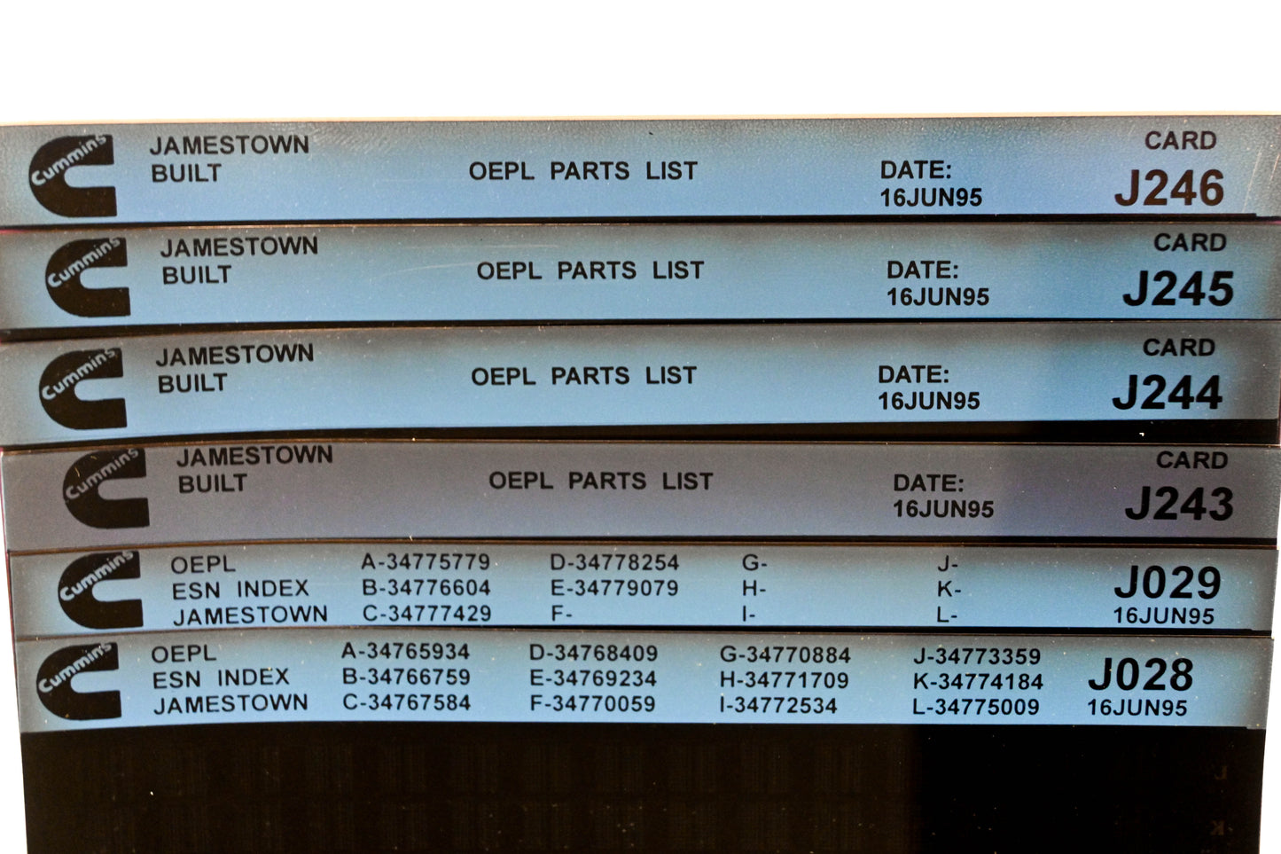 Cummins J028, J243, J246 1995 Jamestown OEPl Parts List & Esn Index Lot Of 6 Microfiche NOS