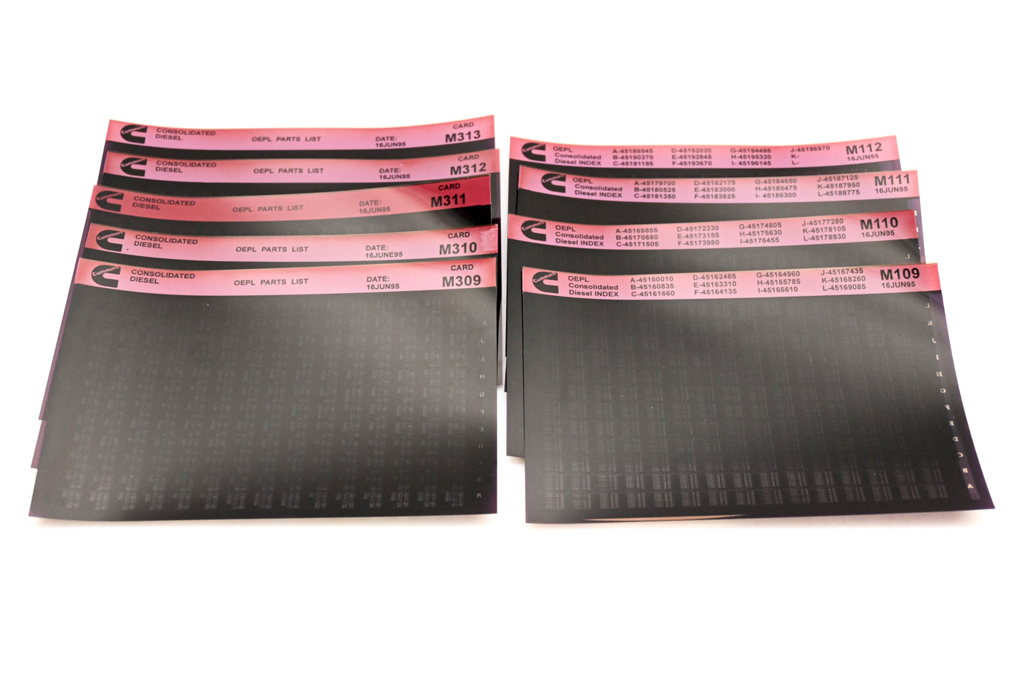Cummins M109, M309, M313 1995 Consolidated Diesel Parts List & ESN Index Lot Of 9 Microfiche NOS