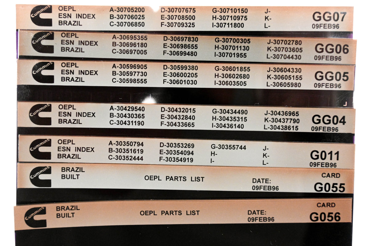 Cummins G011, GG04, G056 1996 Brazil OEPL Parts List & ESN Index Lot Of 7 Microfiche NOS