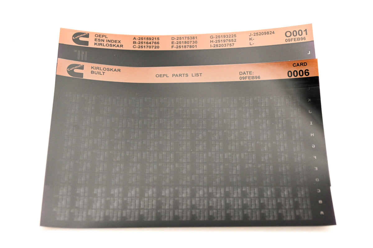 Cummins O001, 0006 1996 Kirloskar OEPL Parts List & ESN Index Microfiche Lot of 2 NOS