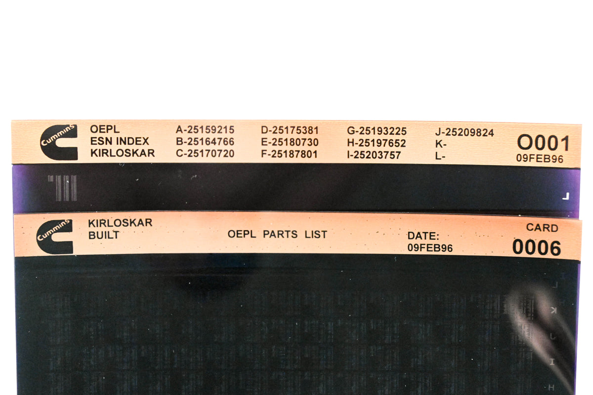 Cummins O001, 0006 1996 Kirloskar OEPL Parts List & ESN Index Microfiche Lot of 2 NOS