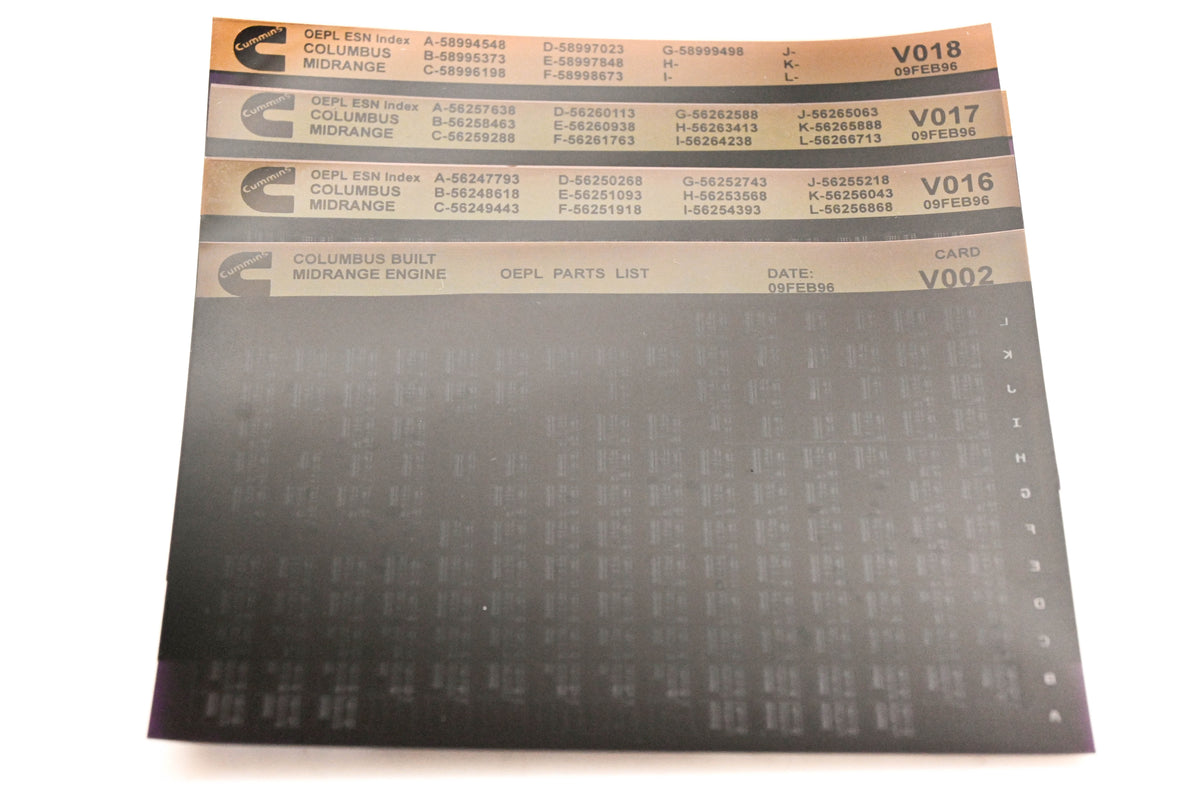 Cummins V002, V016, V018 1996 Columbus Midrange OEPL Parts List & ESN Index Lot Of 4 Microfiche NOS