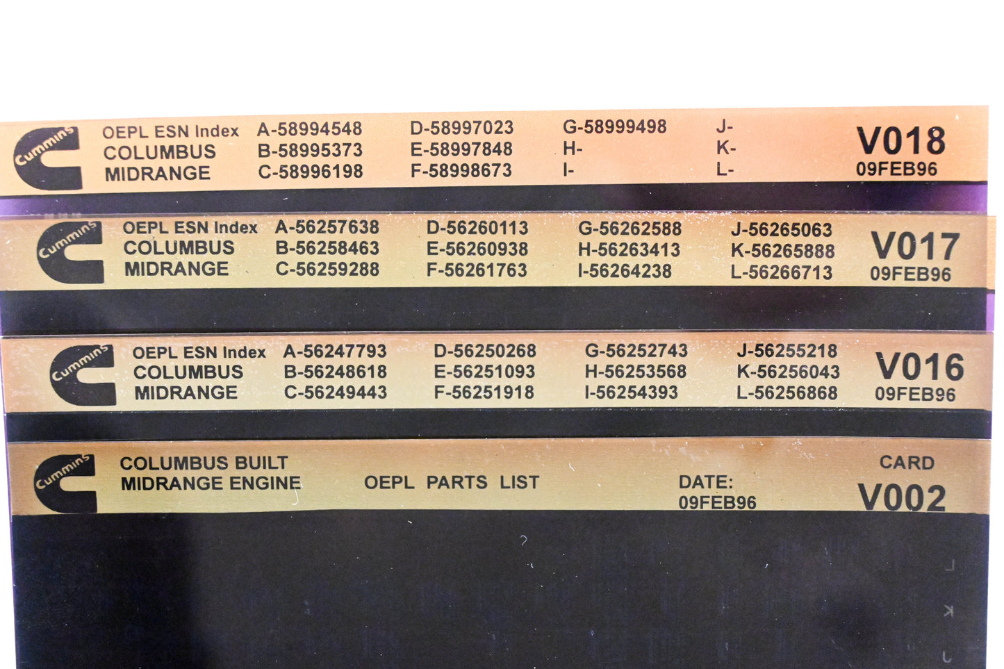 Cummins V002, V016, V018 1996 Columbus Midrange OEPL Parts List & ESN Index Lot Of 4 Microfiche NOS