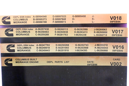 Cummins V002, V016, V018 1996 Columbus Midrange OEPL Parts List & ESN Index Lot Of 4 Microfiche NOS