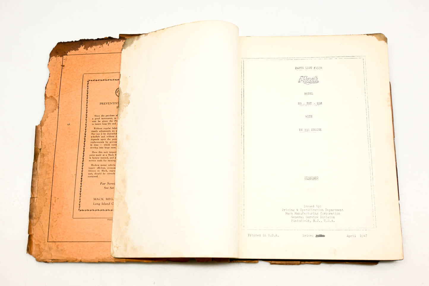 Mack 1534 1947 Model EG/EGT/EGX -EN330 Parts List Manual